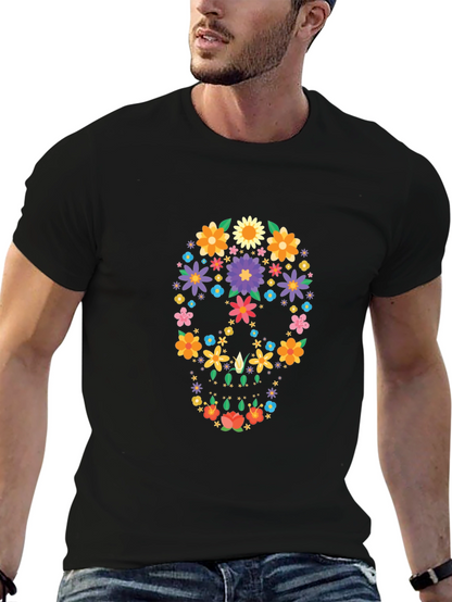 Floral Sugar Skull Graphic Black T-Shirt