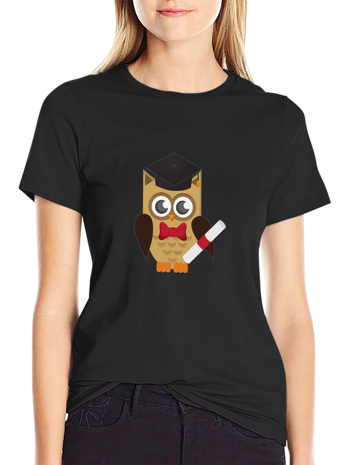 Graduation Owl Graphic Tee - Black Cotton T-Shirt