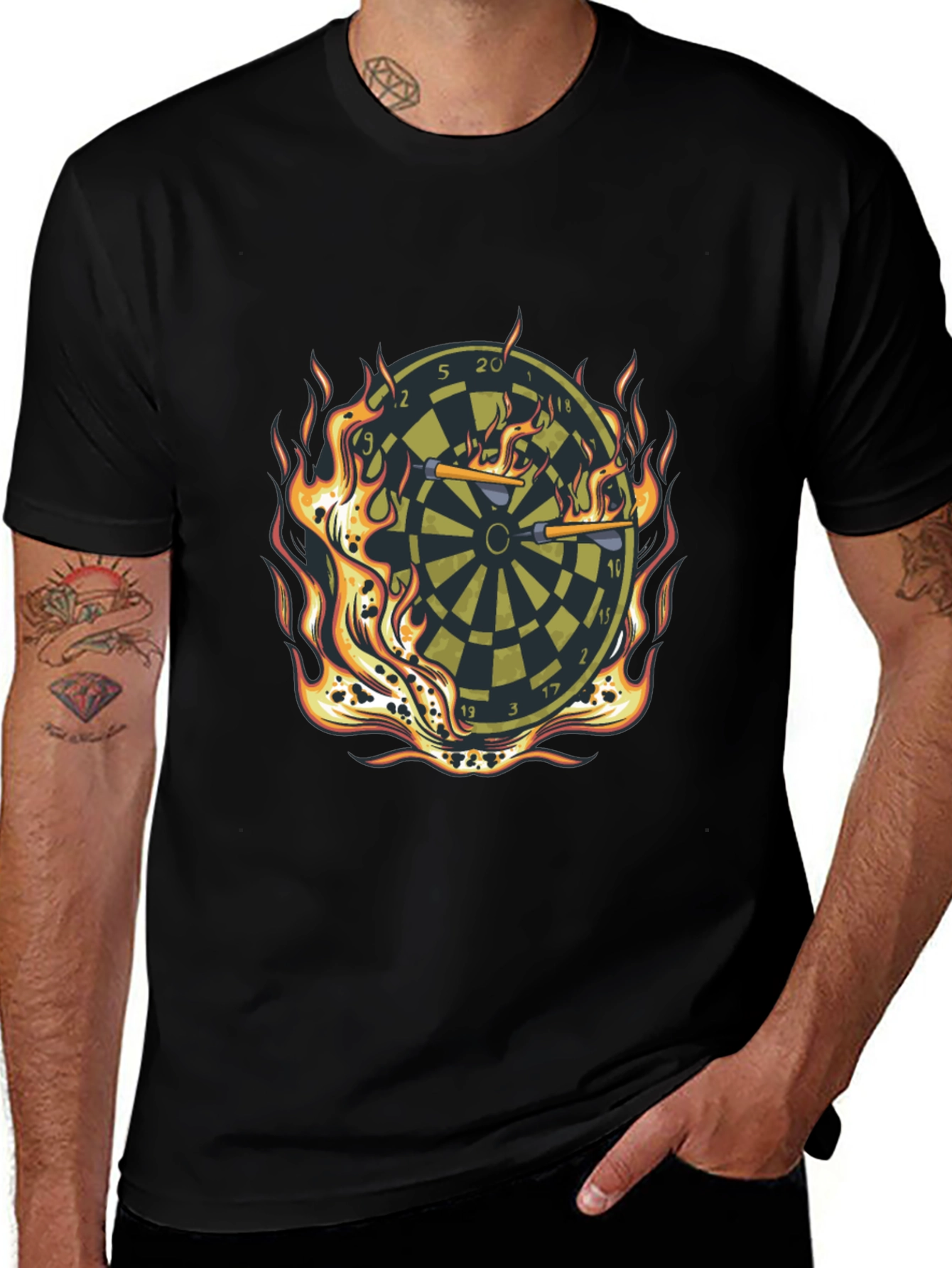 Fiery Dartboard Graphic Tee - Black Casual T-Shirt