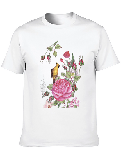 Floral Bird Print Black T-Shirt