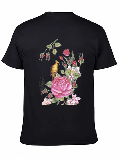 Floral Bird Print Black T-Shirt
