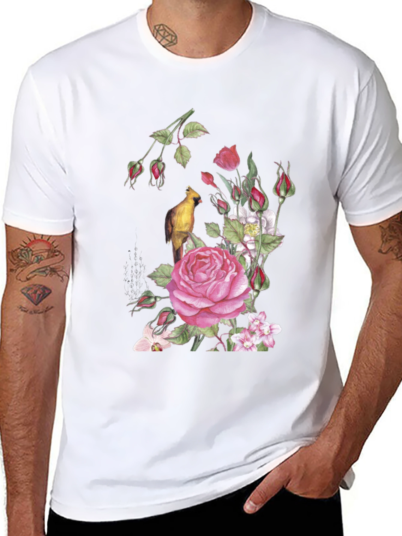 Floral Bird Print Black T-Shirt