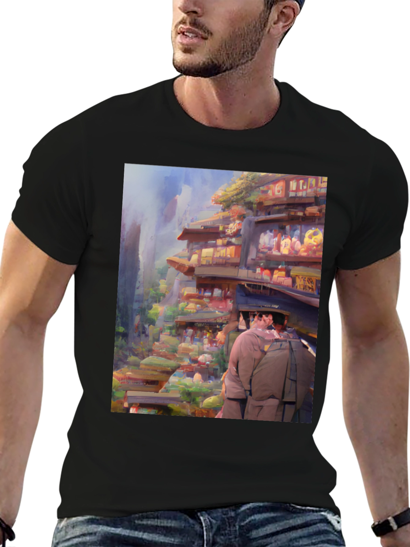 Artistic Landscape Print Black Tee