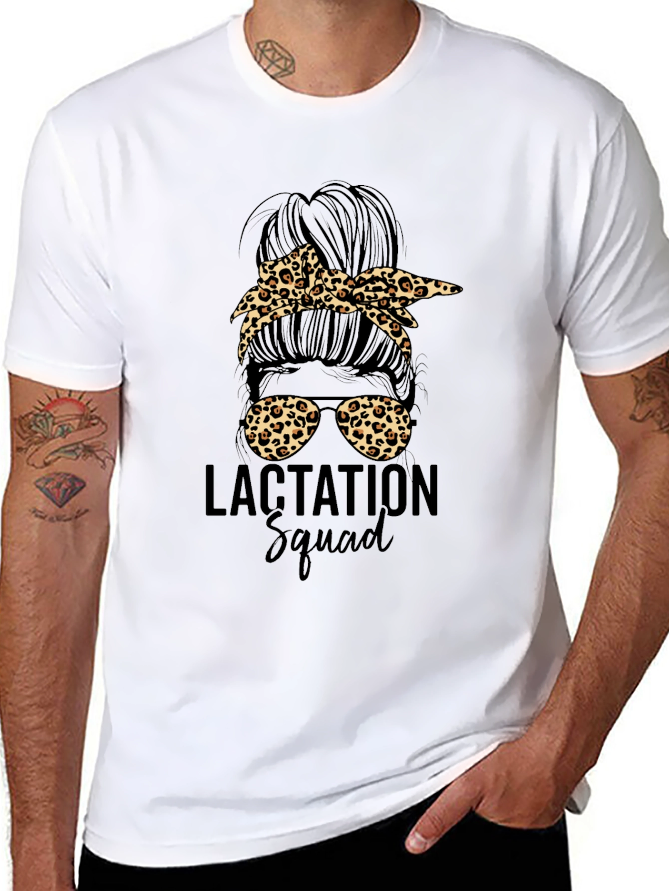 Lactation Squad Leopard Print Messy Bun T-Shirt