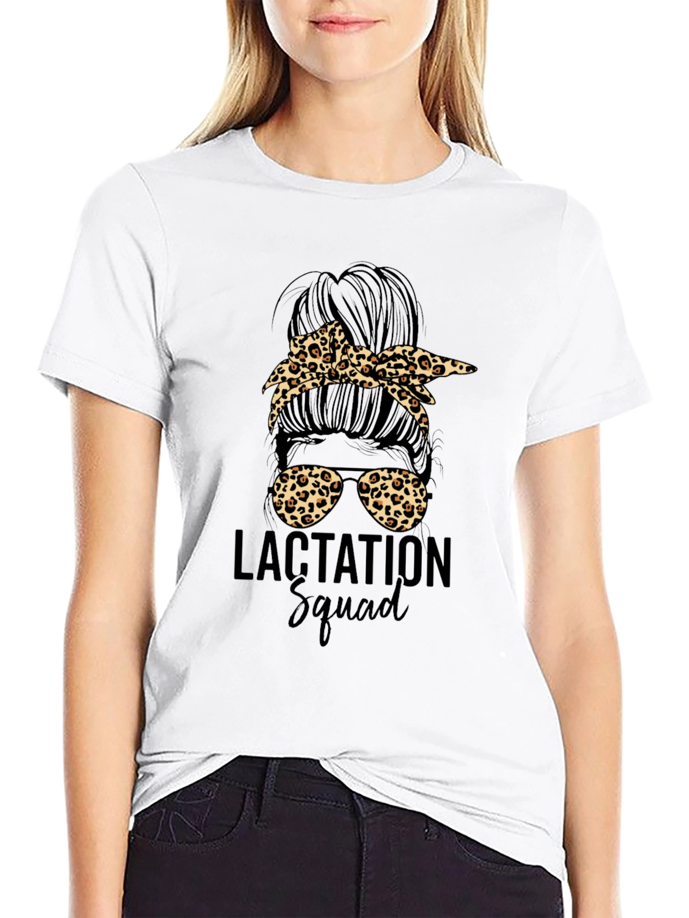 Lactation Squad Leopard Print Messy Bun T-Shirt
