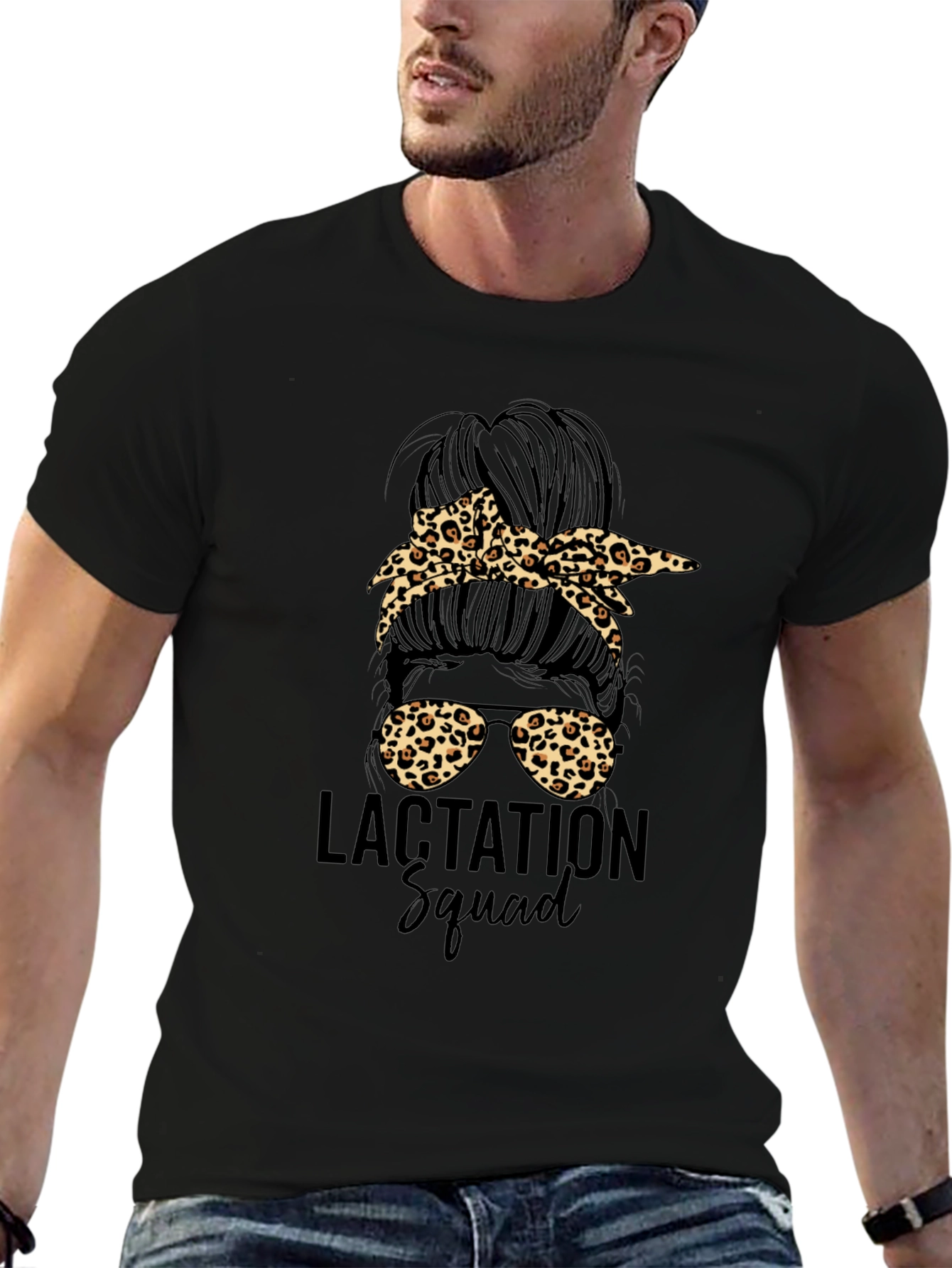 Lactation Squad Leopard Print Messy Bun T-Shirt