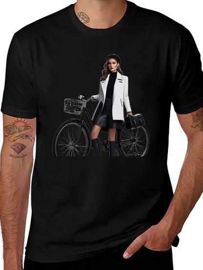 Stylish T-Shirt with Woman & Bike Graphic