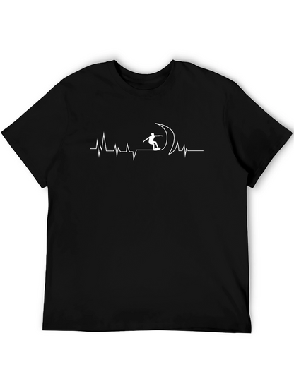 Surfing Heartbeat Graphic Tee - Black Cotton T-Shirt