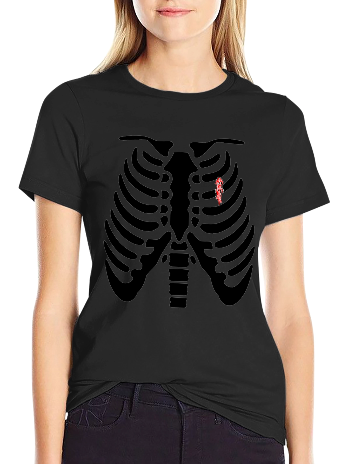 Skeleton Rib Cage Graphic Tee - Biker Heart T-Shirt