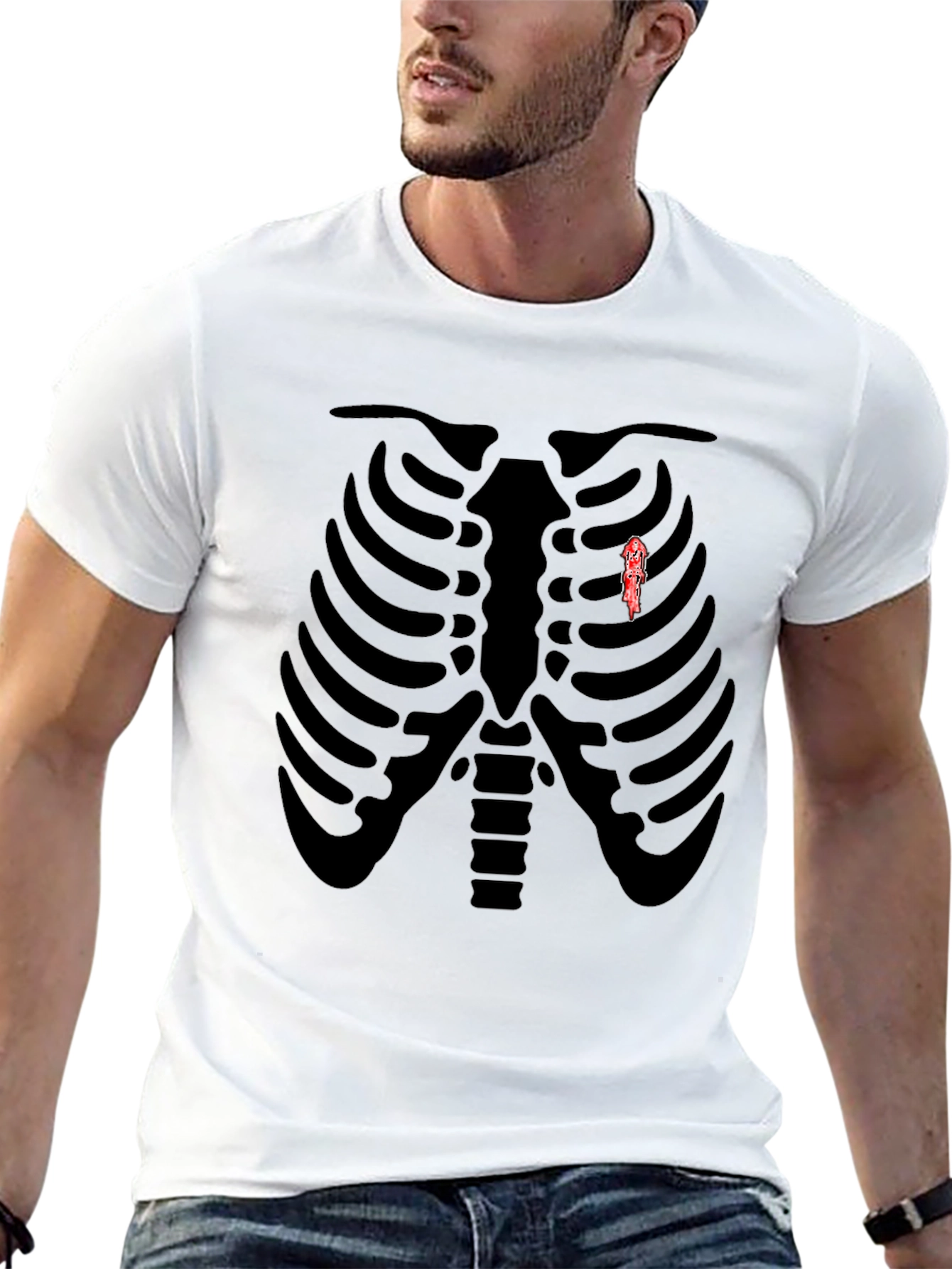 Skeleton Rib Cage Graphic Tee - Biker Heart T-Shirt