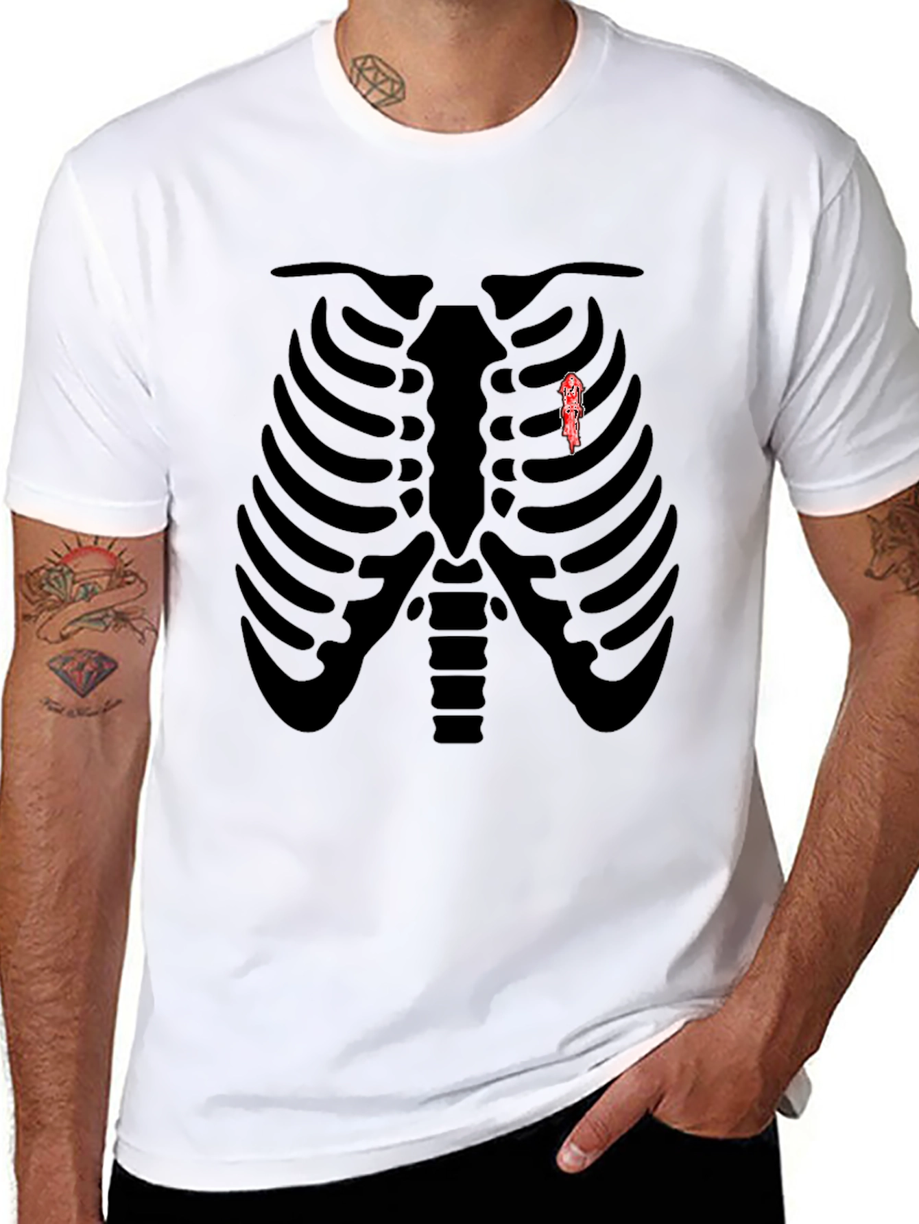 Skeleton Rib Cage Graphic Tee - Biker Heart T-Shirt