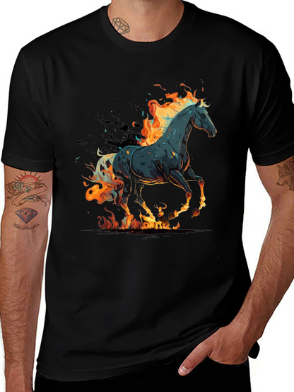 Flaming Horse Graphic Tee - Black Cotton Blend
