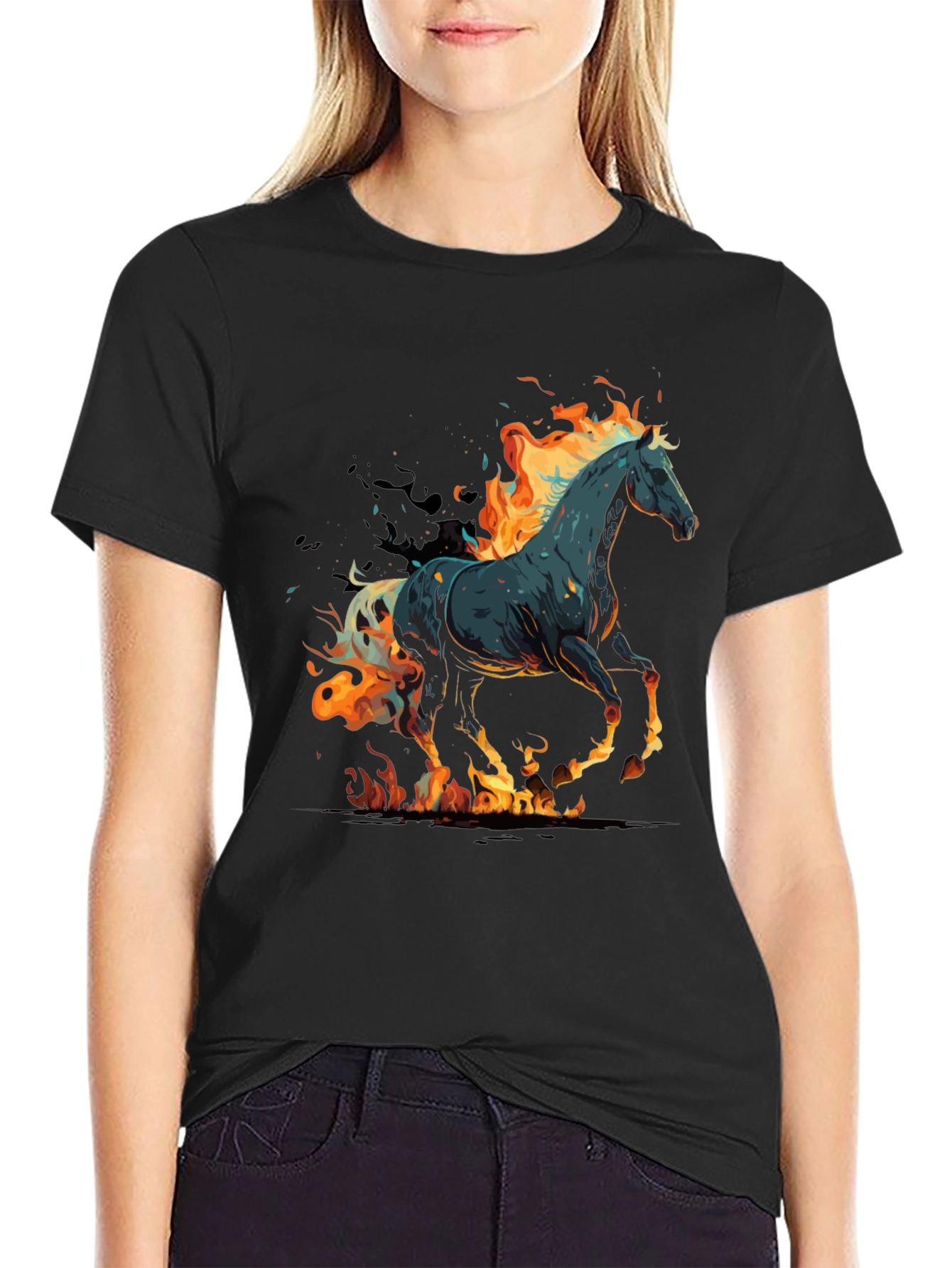 Flaming Horse Graphic Tee - Black Cotton Blend