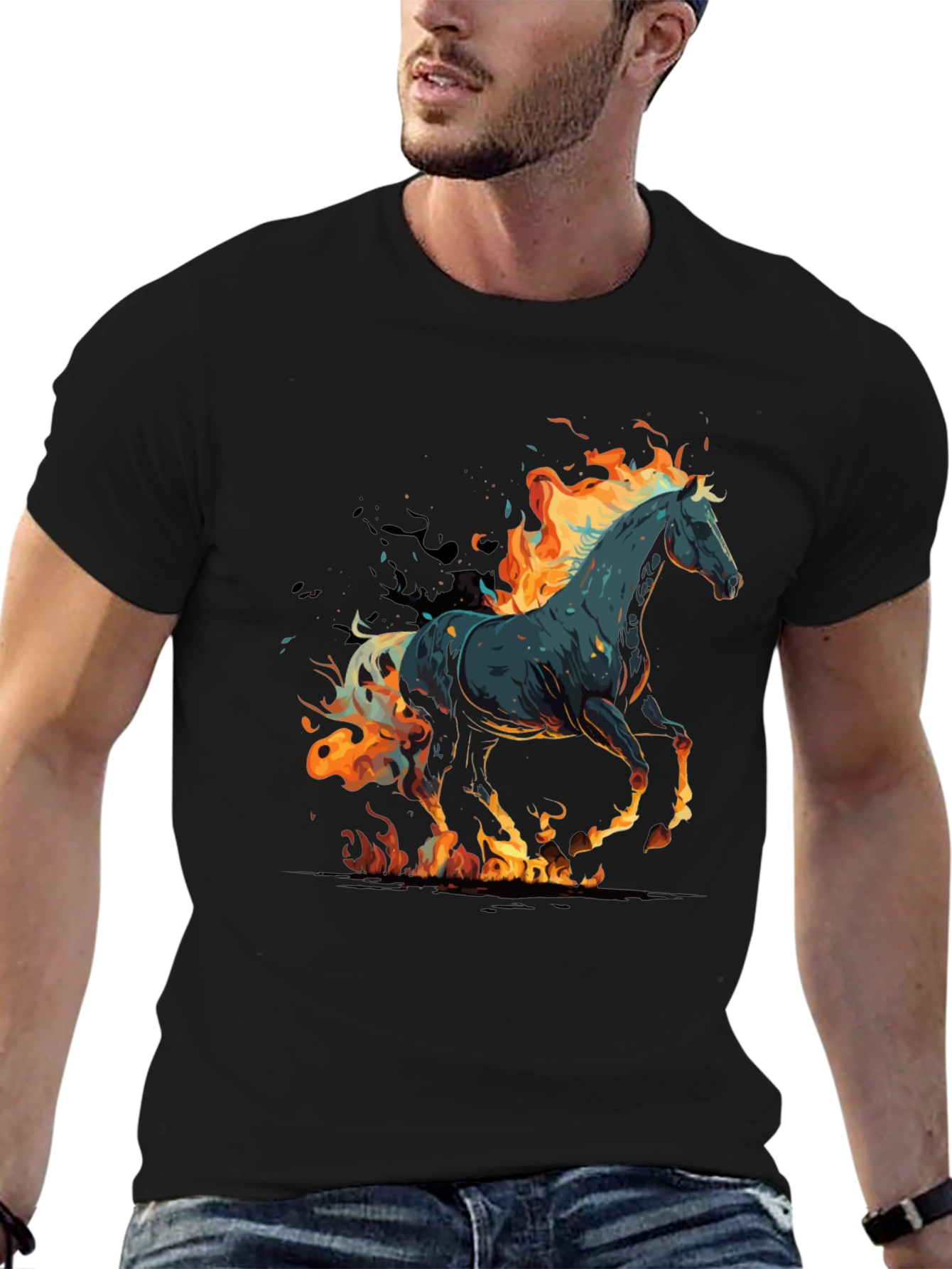 Flaming Horse Graphic Tee - Black Cotton Blend