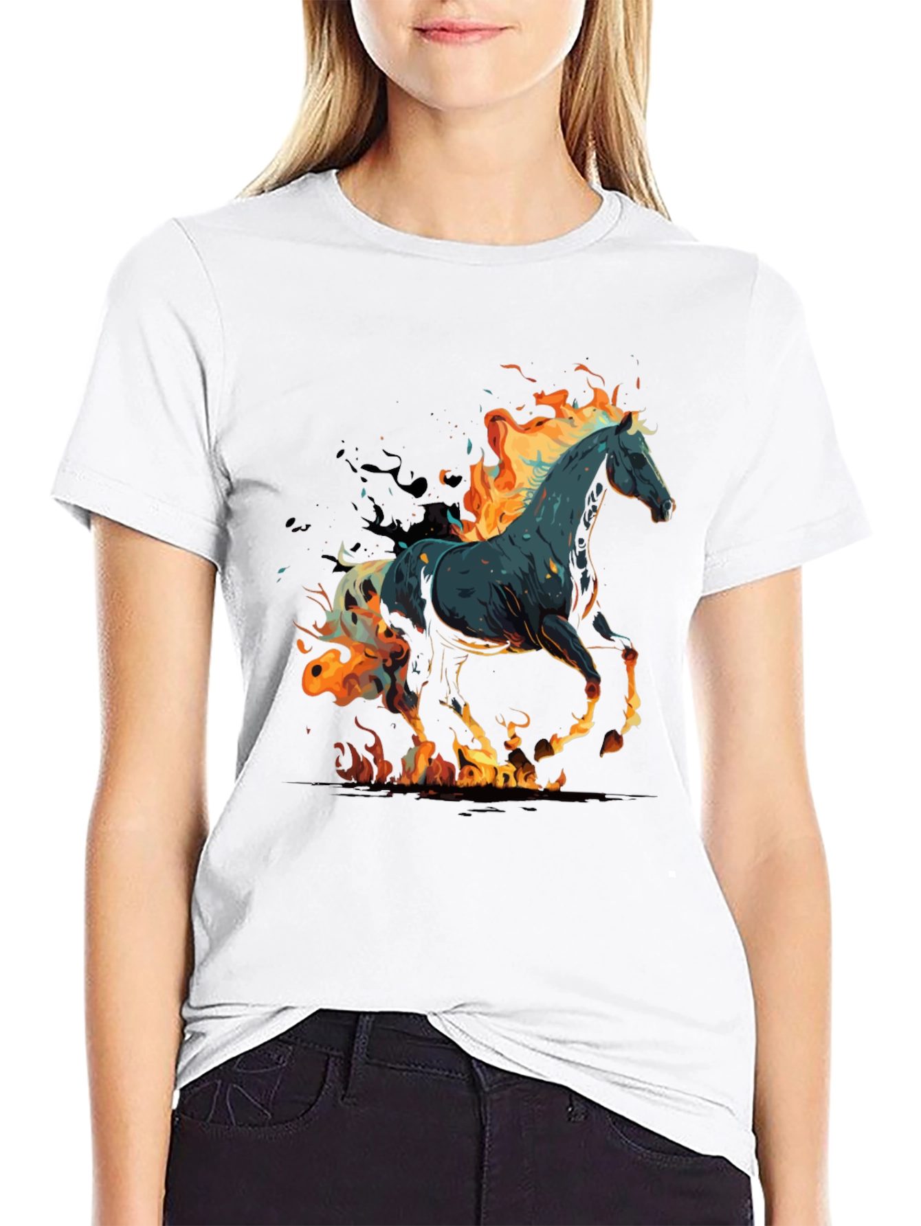 Flaming Horse Graphic Tee - Black Cotton Blend