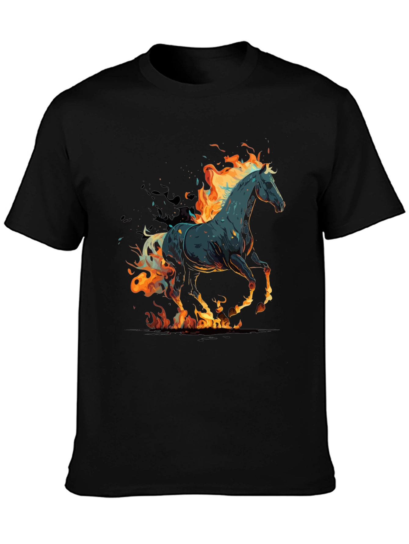 Flaming Horse Graphic Tee - Black Cotton Blend