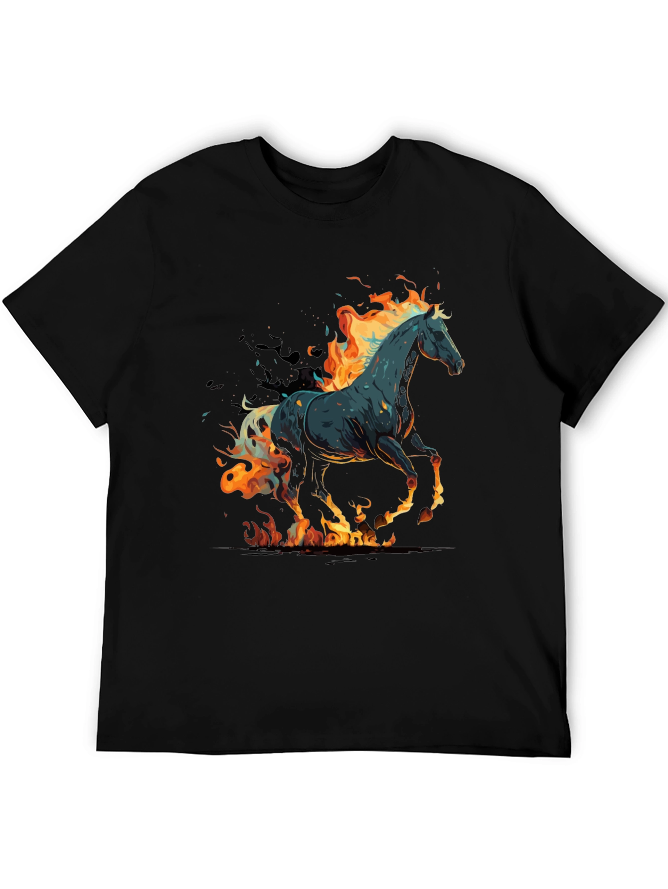 Flaming Horse Graphic Tee - Black Cotton Blend