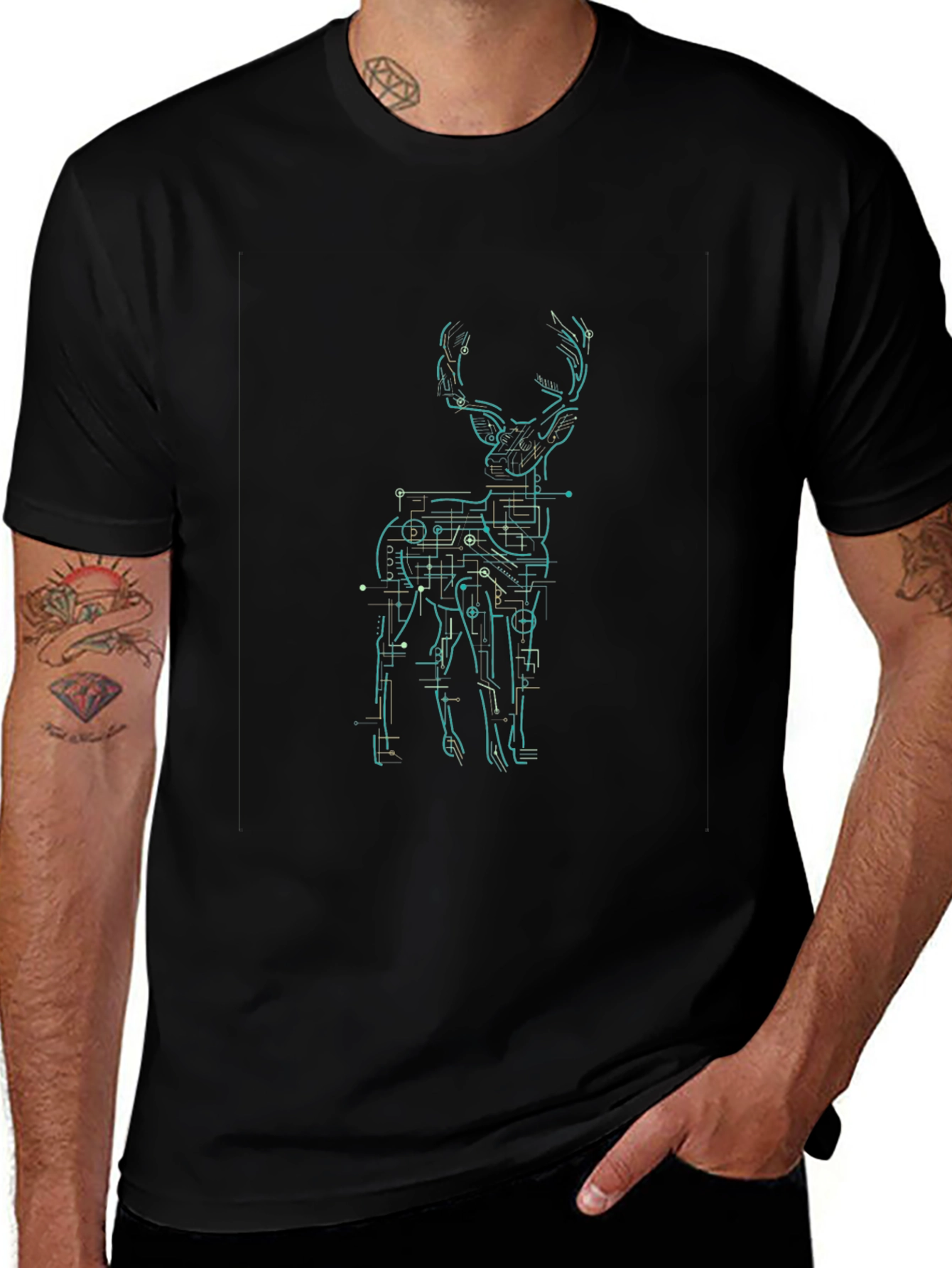 Geometric Deer Graphic Print Mens Black T-Shirt
