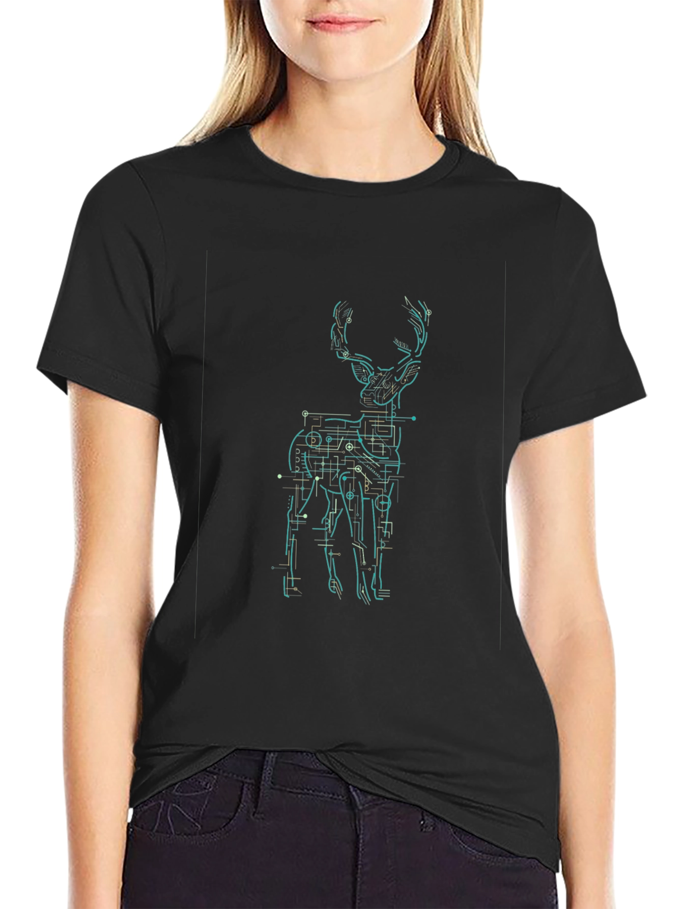 Geometric Deer Graphic Print Mens Black T-Shirt