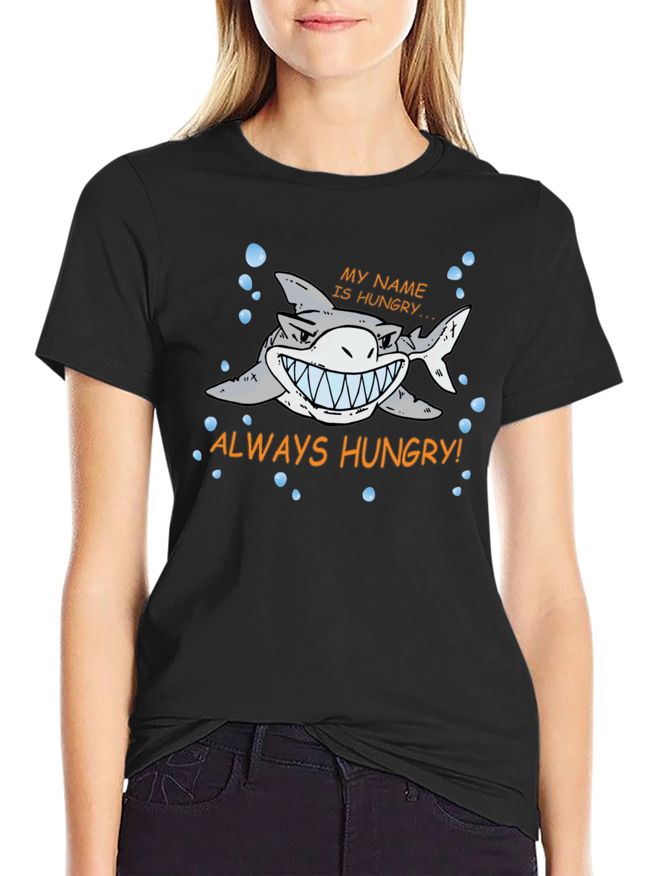Always Hungry Shark Graphic Print Black T-Shirt