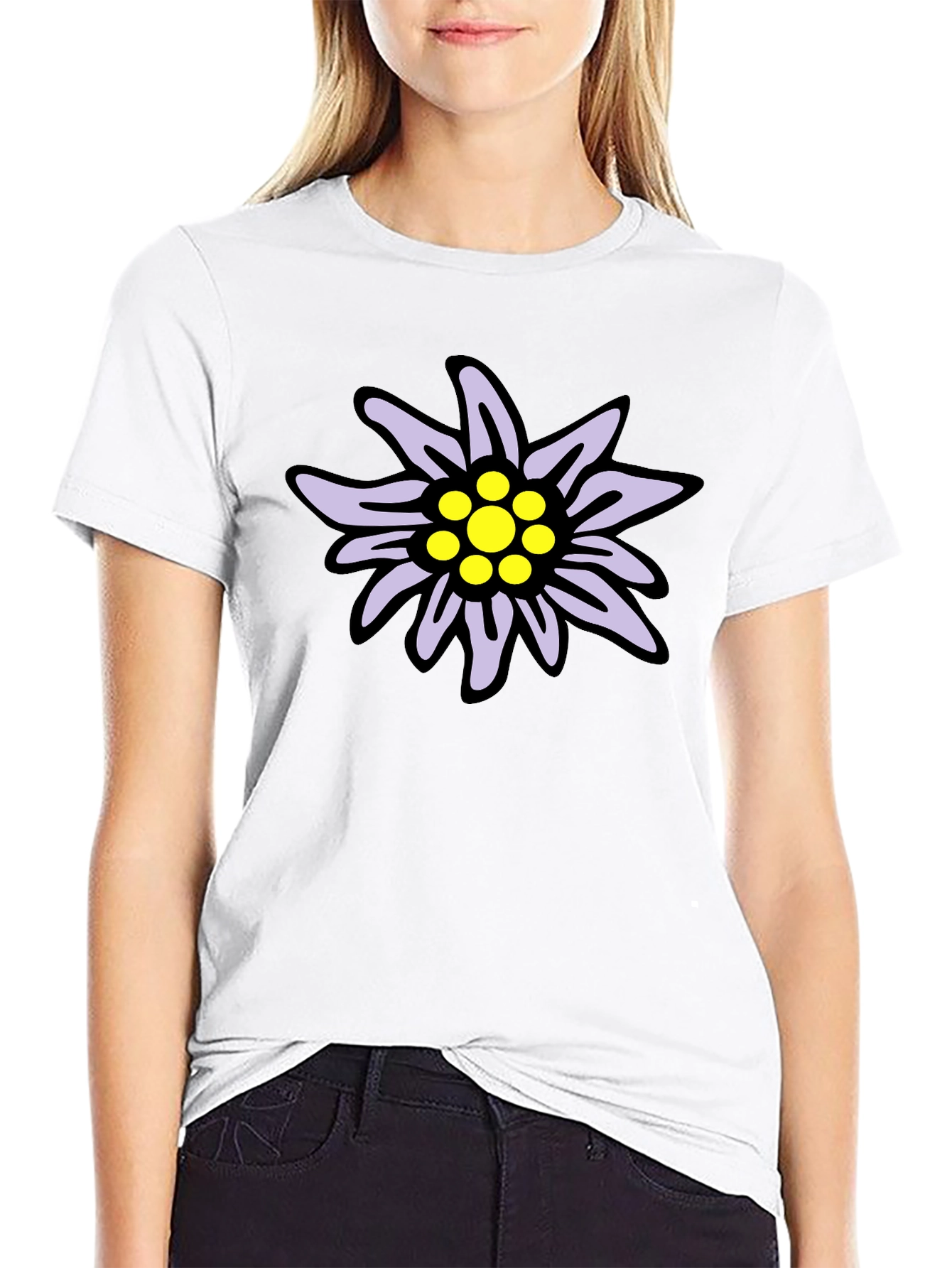 Edelweiss Flower Graphic T-Shirt - Casual Black Tee