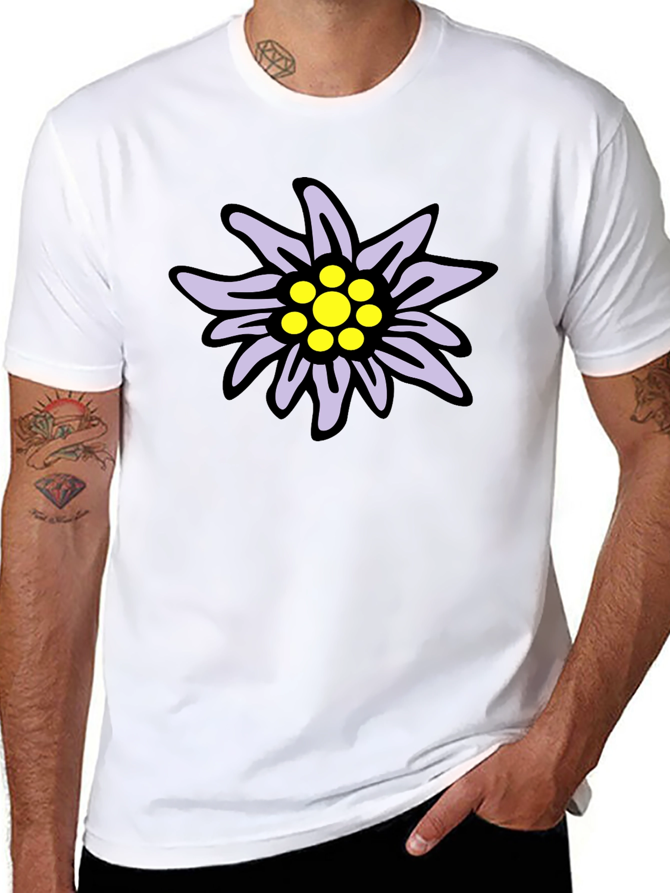 Edelweiss Flower Graphic T-Shirt - Casual Black Tee