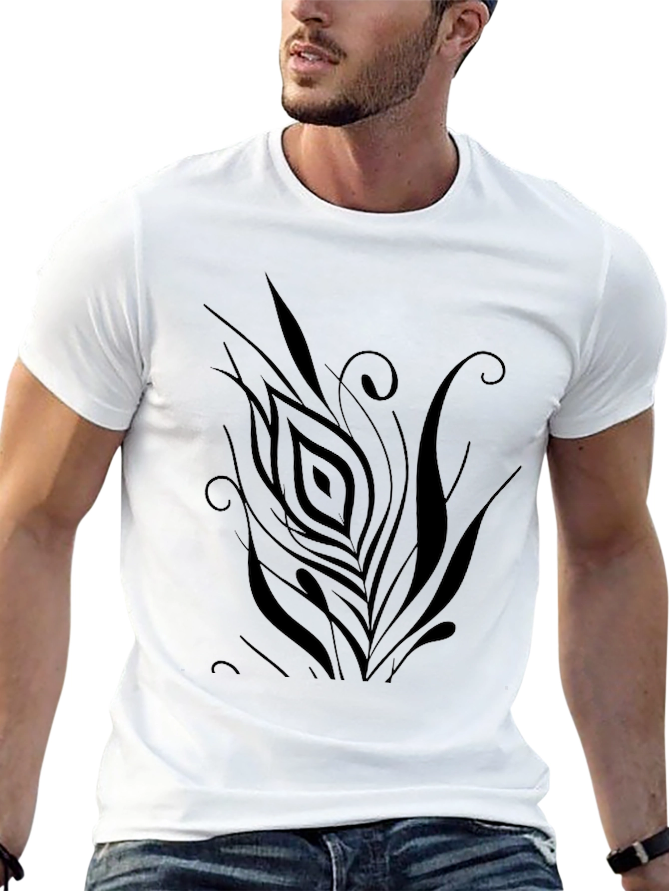 Mens Black T-Shirt with Abstract Feather Design