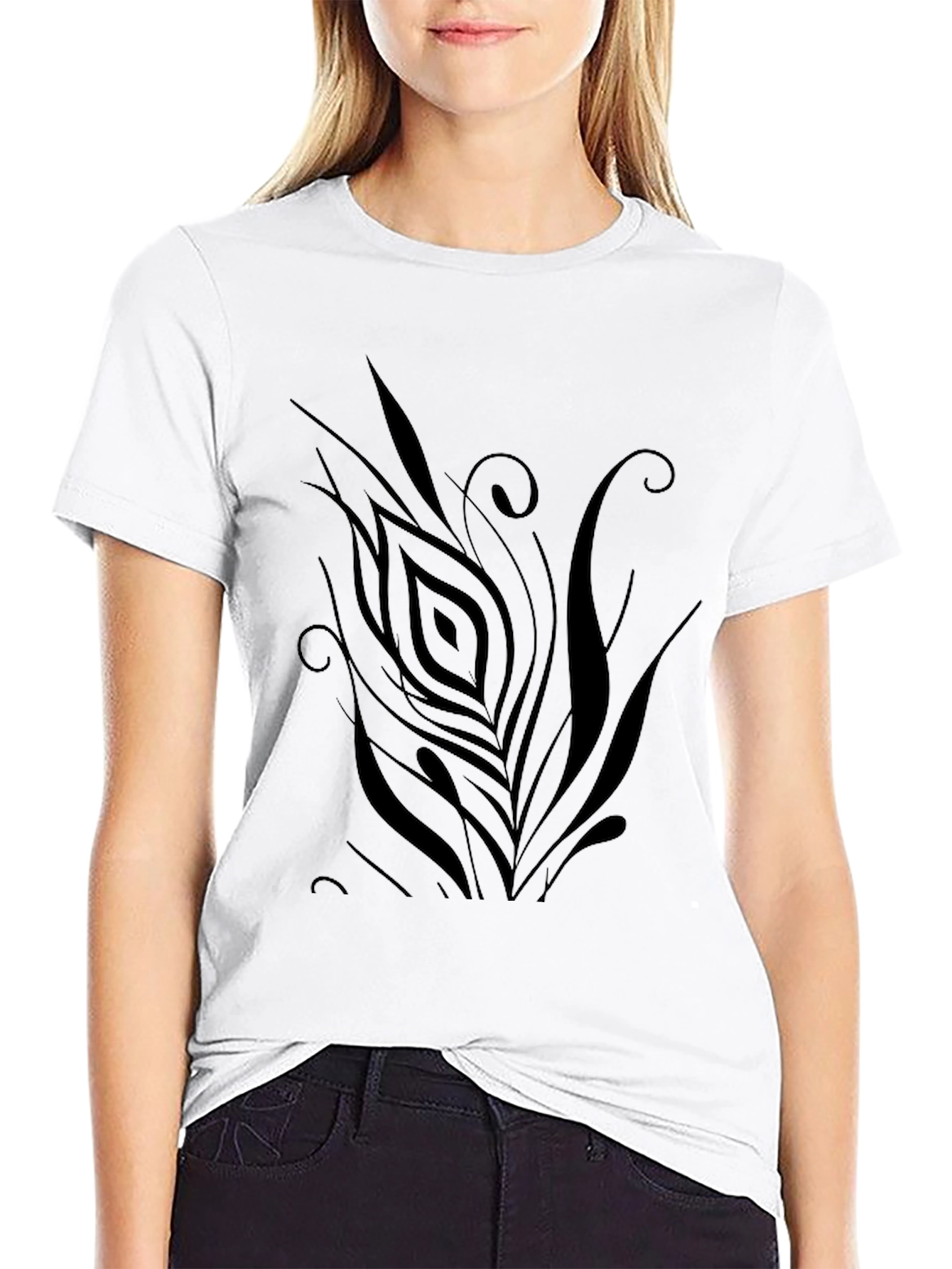 Mens Black T-Shirt with Abstract Feather Design