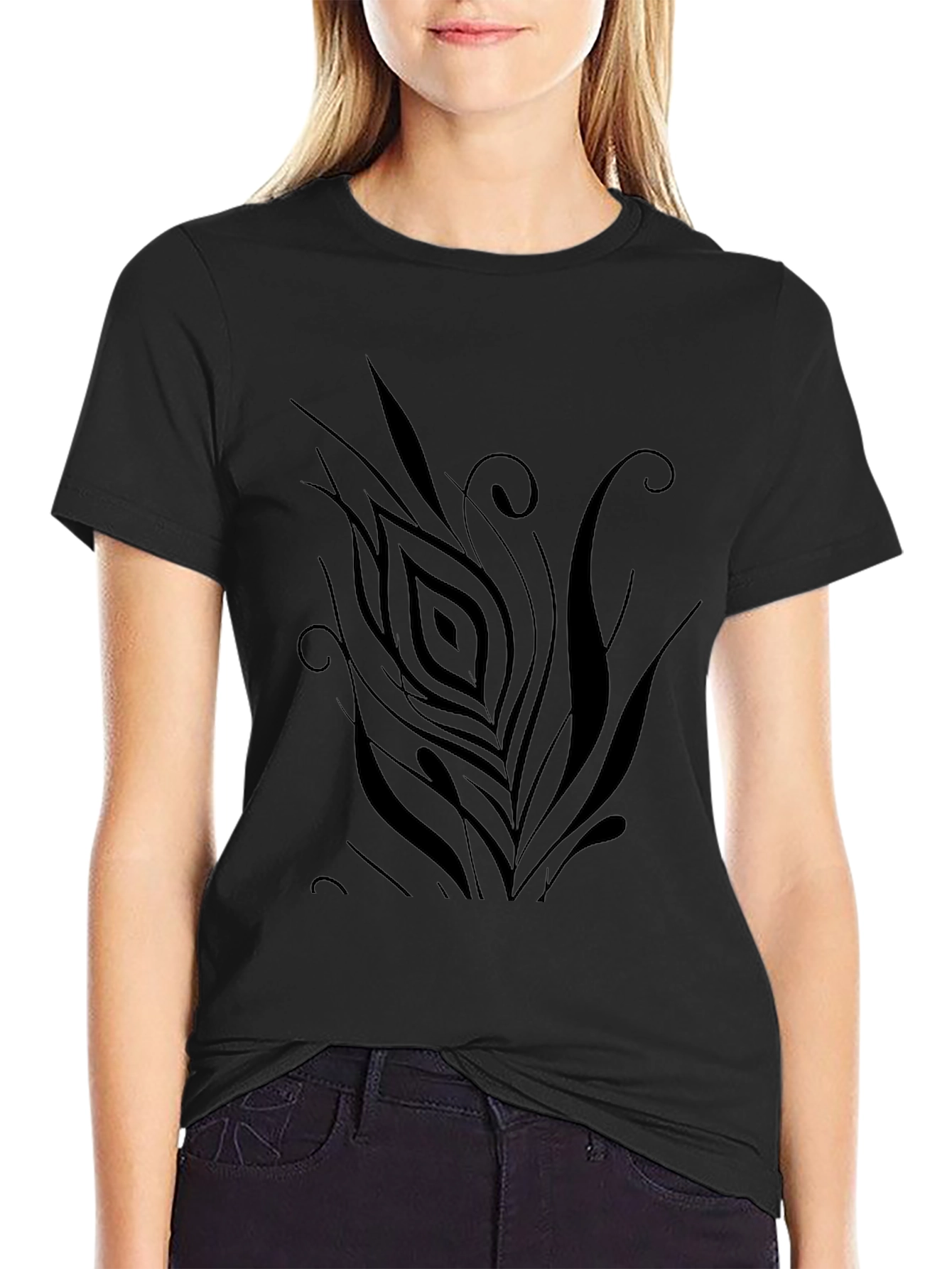 Mens Black T-Shirt with Abstract Feather Design