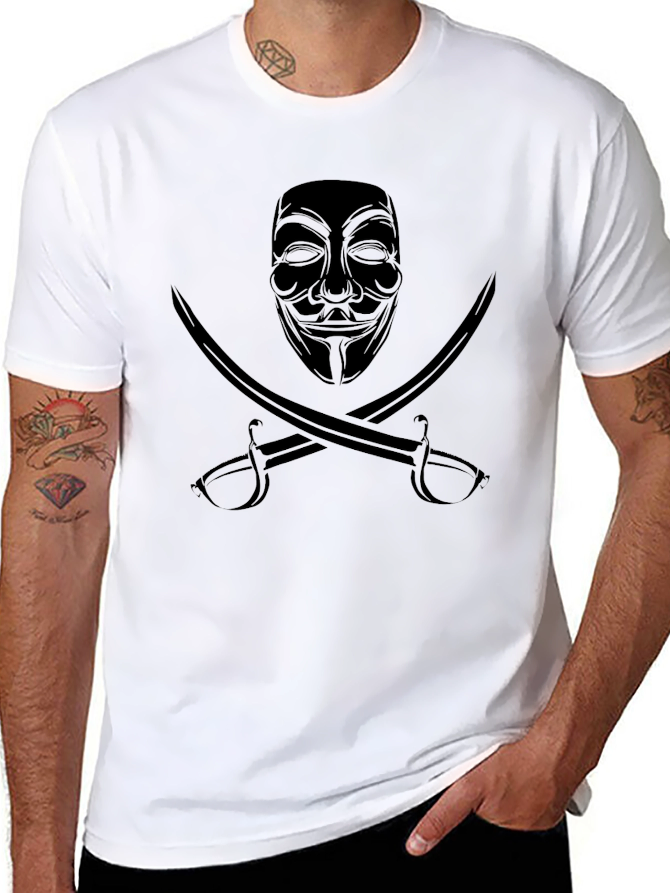 Anonymous Mask & Swords Graphic T-Shirt - Black
