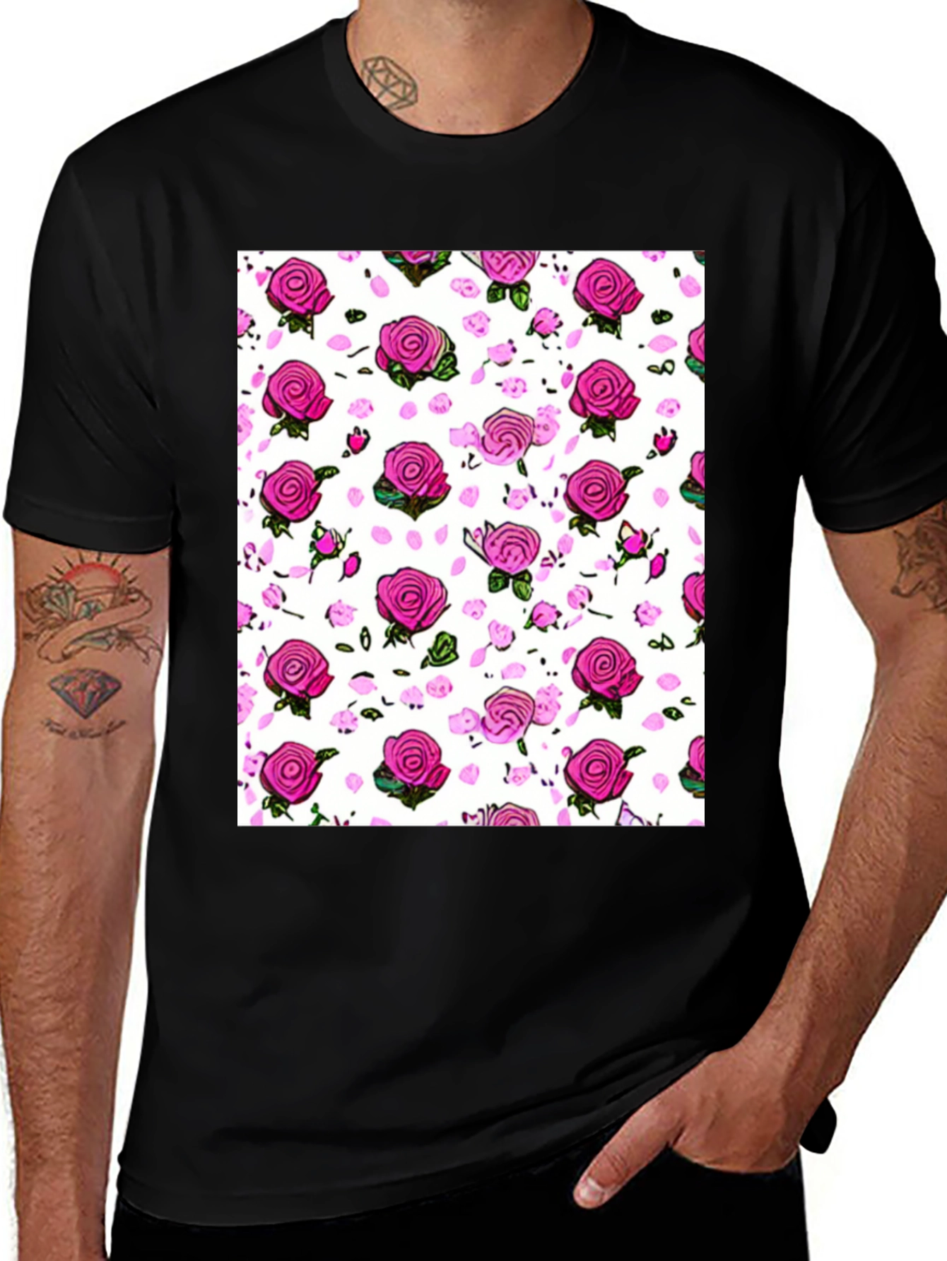 Floral Print T-Shirt: Pink Roses on White
