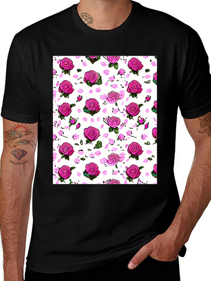 Floral Print T-Shirt: Pink Roses on White
