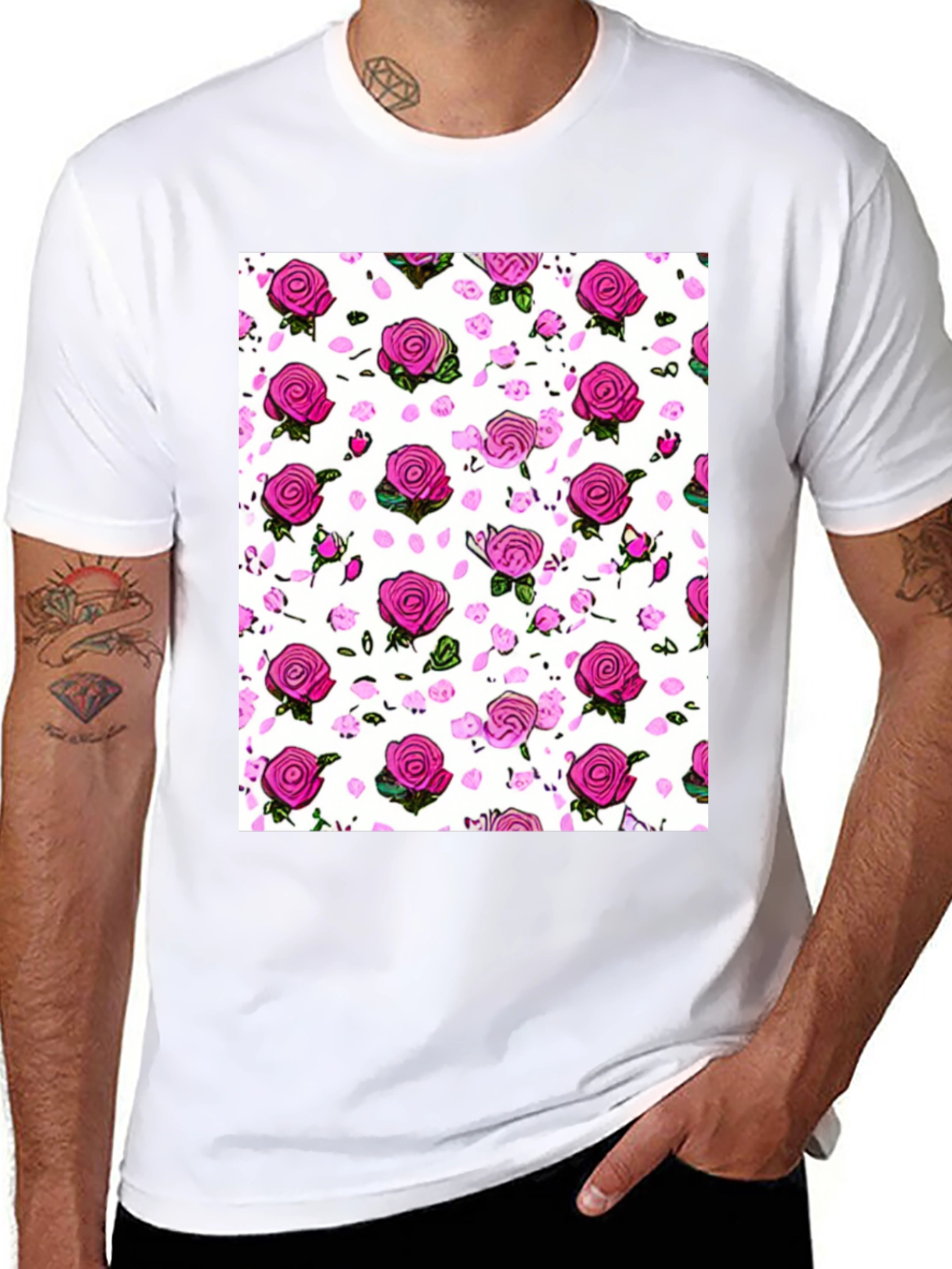 Floral Print T-Shirt: Pink Roses on White