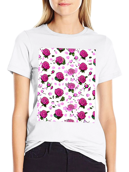 Floral Print T-Shirt: Pink Roses on White