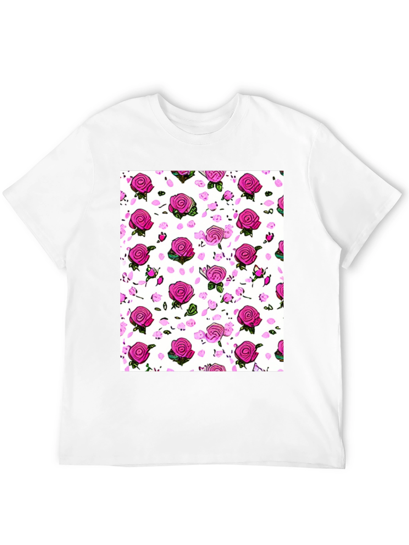 Floral Print T-Shirt: Pink Roses on White