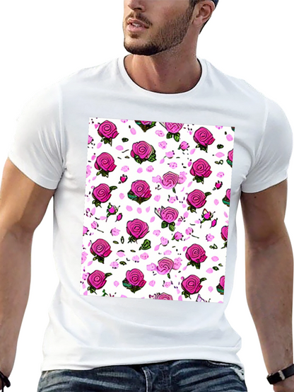 Floral Print T-Shirt: Pink Roses on White