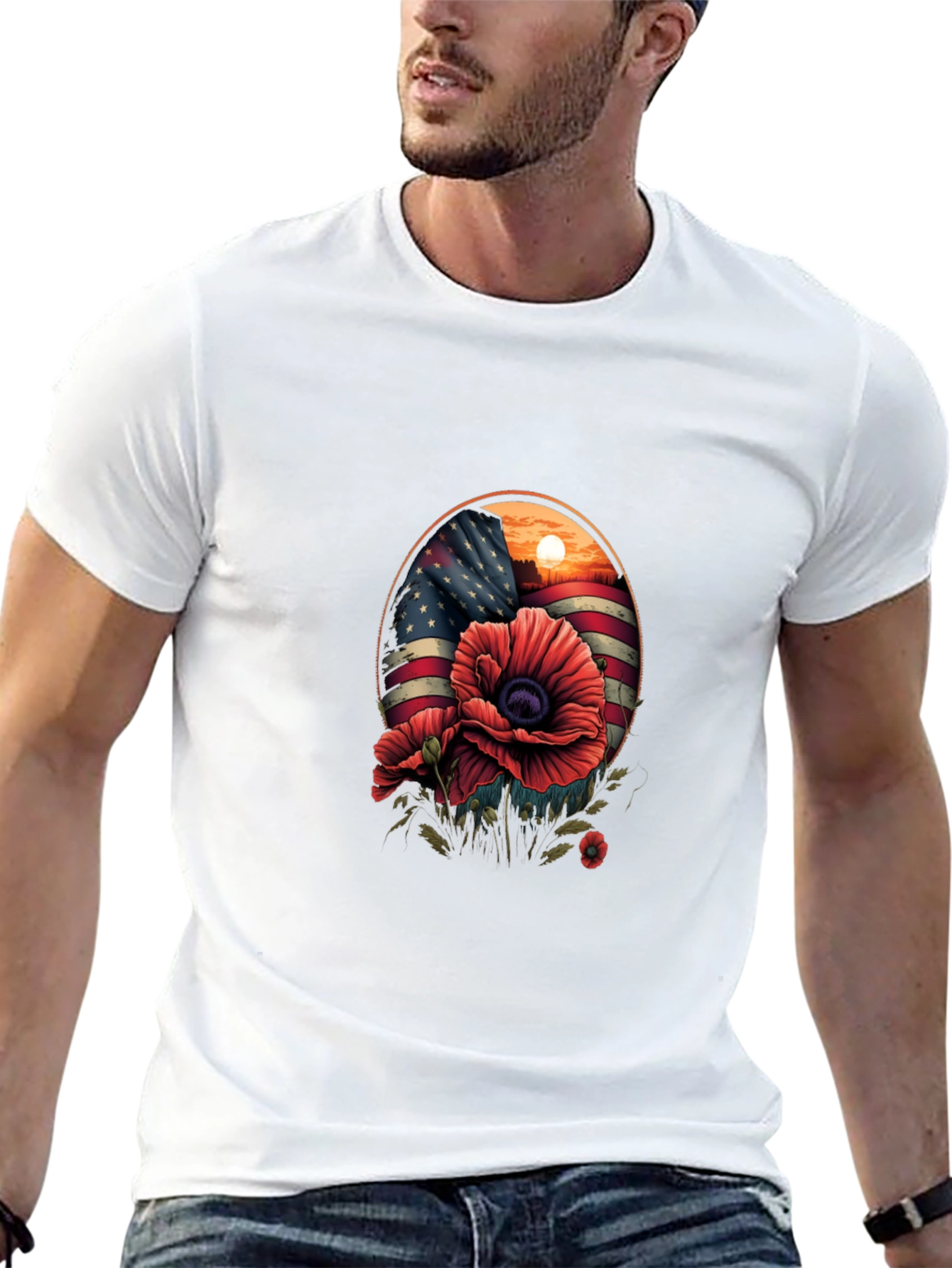 Patriotic Poppy T-Shirt: American Flag Floral Design