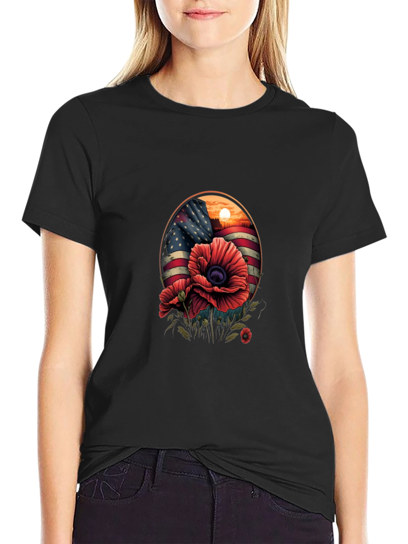 Patriotic Poppy T-Shirt: American Flag Floral Design
