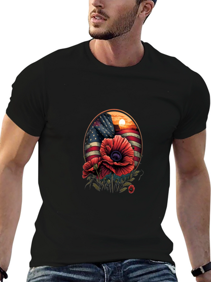 Patriotic Poppy T-Shirt: American Flag Floral Design