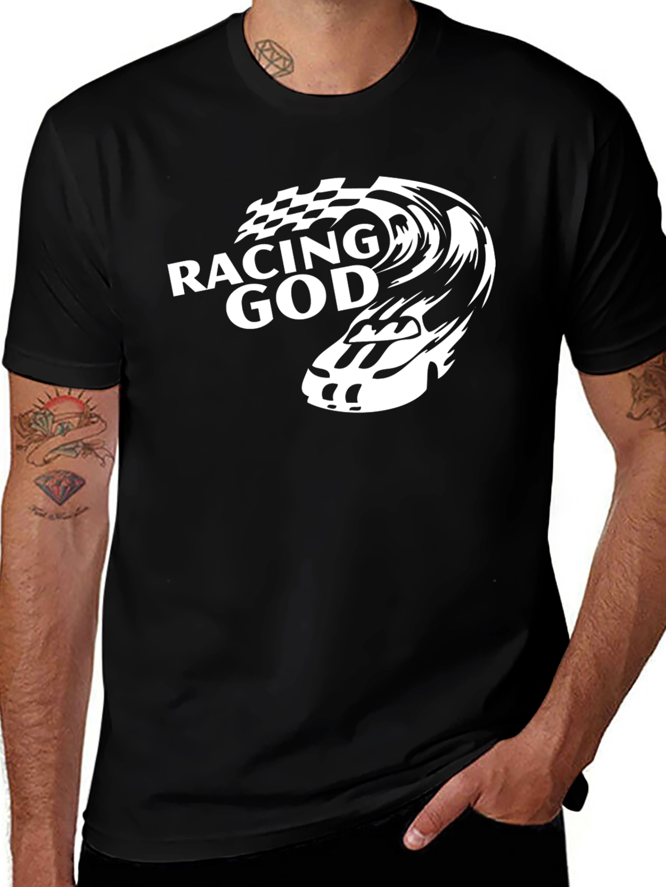 Racing God Graphic Tee - Black Cotton T-Shirt