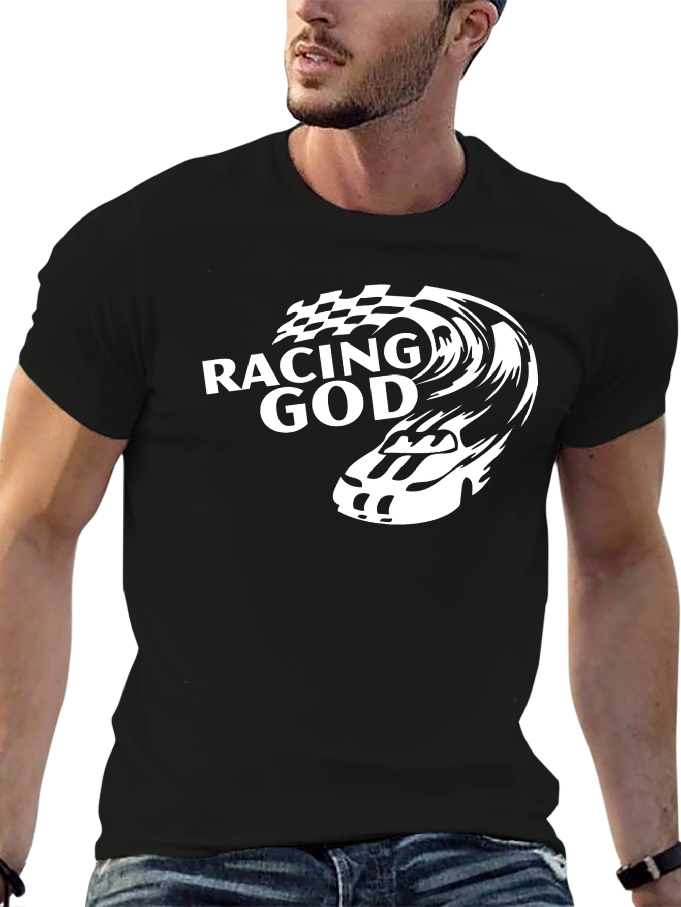 Racing God Graphic Tee - Black Cotton T-Shirt