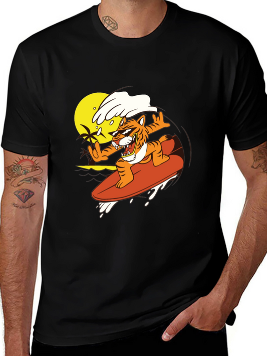 Tiger Surfing Graphic Tee - Cool Black T-Shirt