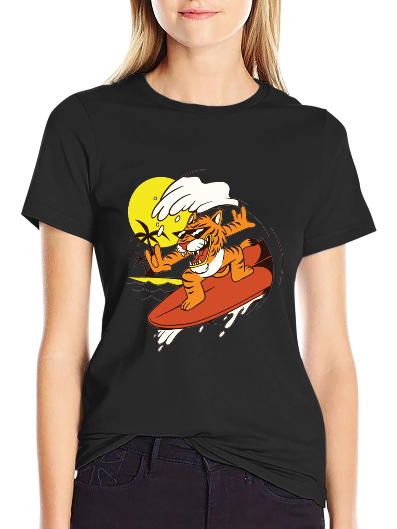 Tiger Surfing Graphic Tee - Cool Black T-Shirt