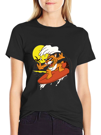 Tiger Surfing Graphic Tee - Cool Black T-Shirt