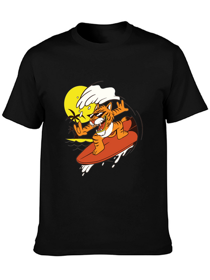 Tiger Surfing Graphic Tee - Cool Black T-Shirt
