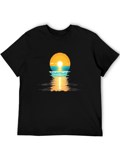 Pixel Sunset Graphic Tee - Black Cotton T-Shirt