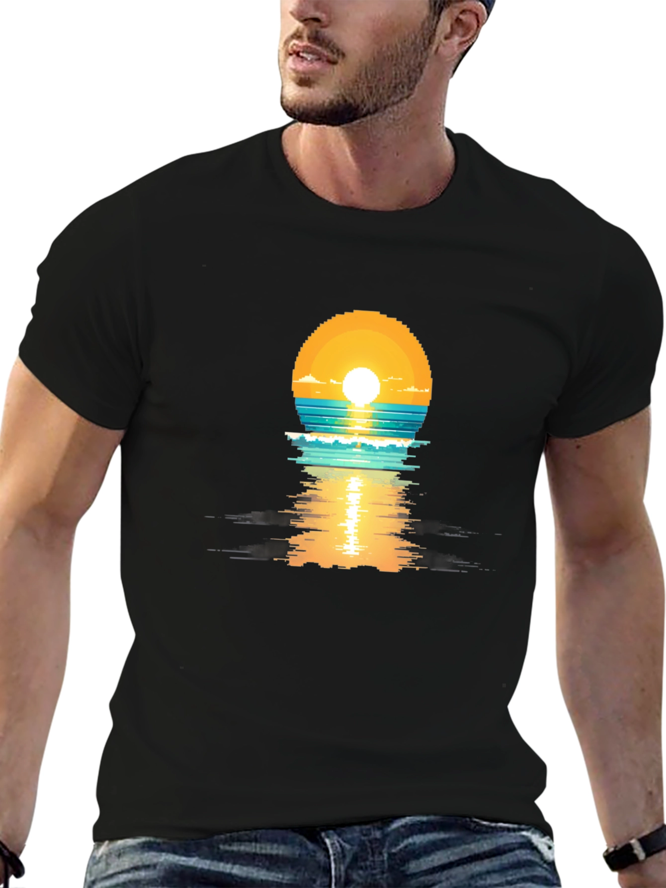 Pixel Sunset Graphic Tee - Black Cotton T-Shirt