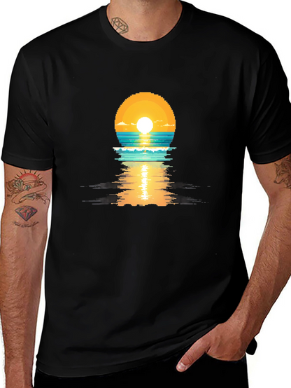 Pixel Sunset Graphic Tee - Black Cotton T-Shirt