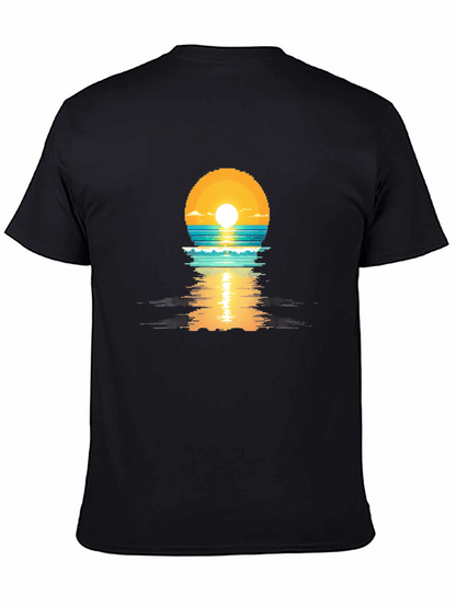 Pixel Sunset Graphic Tee - Black Cotton T-Shirt