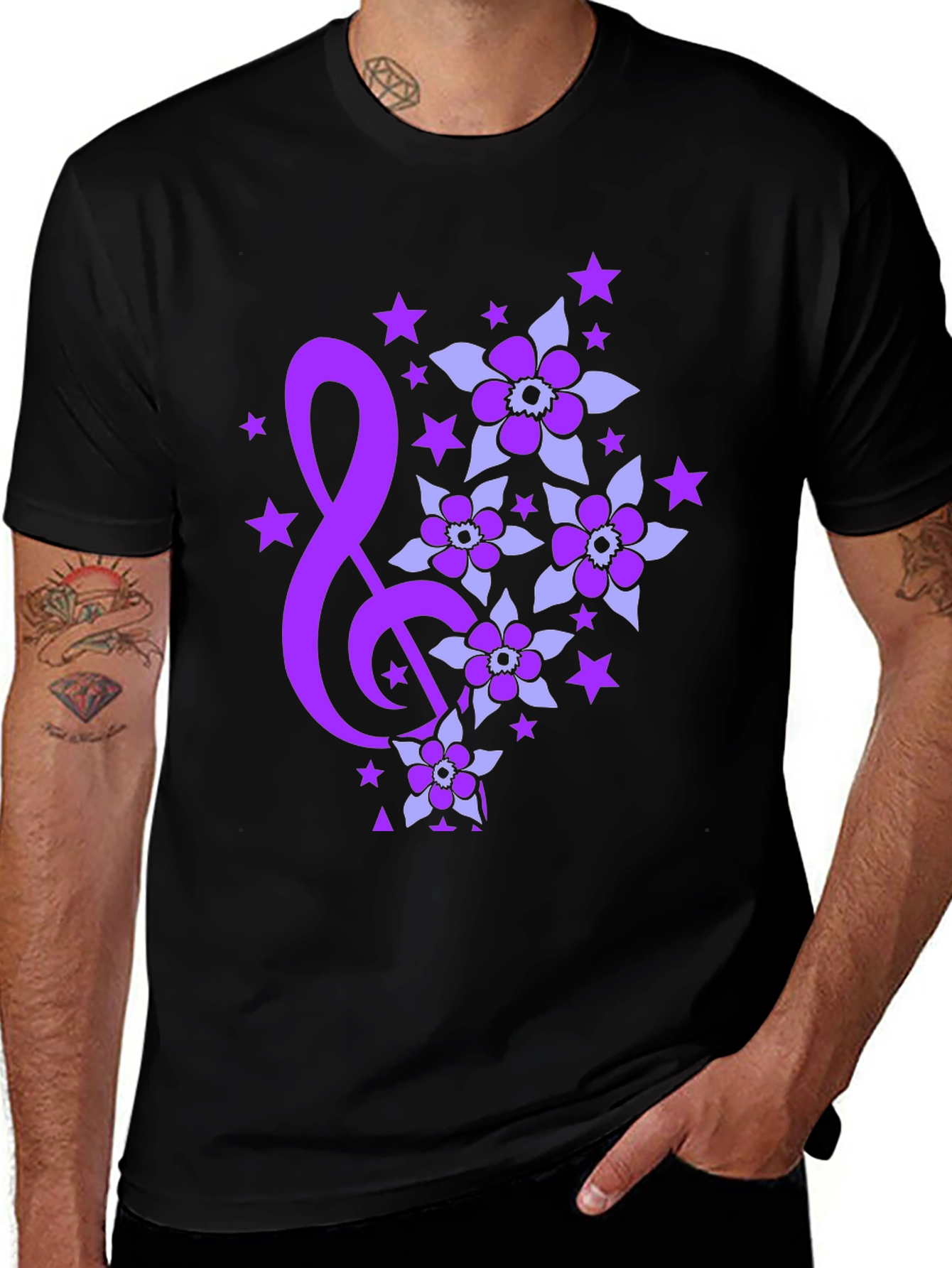 Floral Music Note Graphic Tee - Black